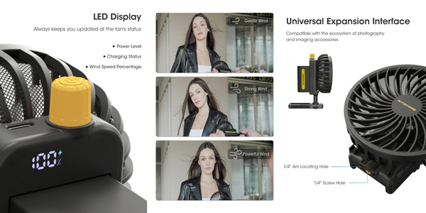 Nitecore Cinewind　CW10 ポータブル写真ファン LEDディスプレイ、カメラアクセサリーの取り付け
